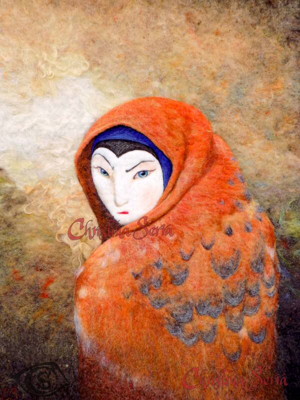 artwork painting made from dyed wool. Woman like an owl wearing a cloak that suggests owl feathers, looking back over her shoulder at the viewer with a determined look. colors are orange cloak, pale barn owl faced woman and mixed browns background.