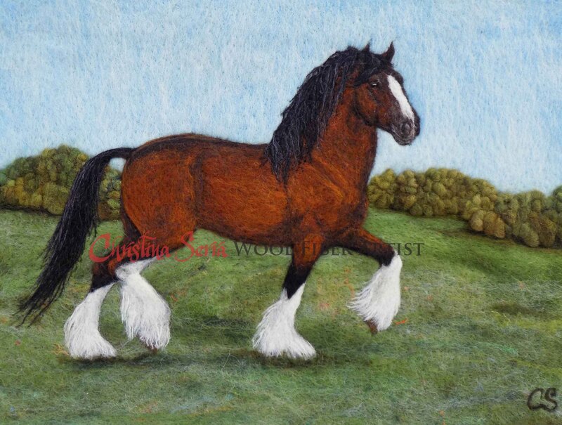 artwork painting made from wool of a clydesdale or shire horse trotting to the right in a field with trees suggested in the distance and a blue sky.