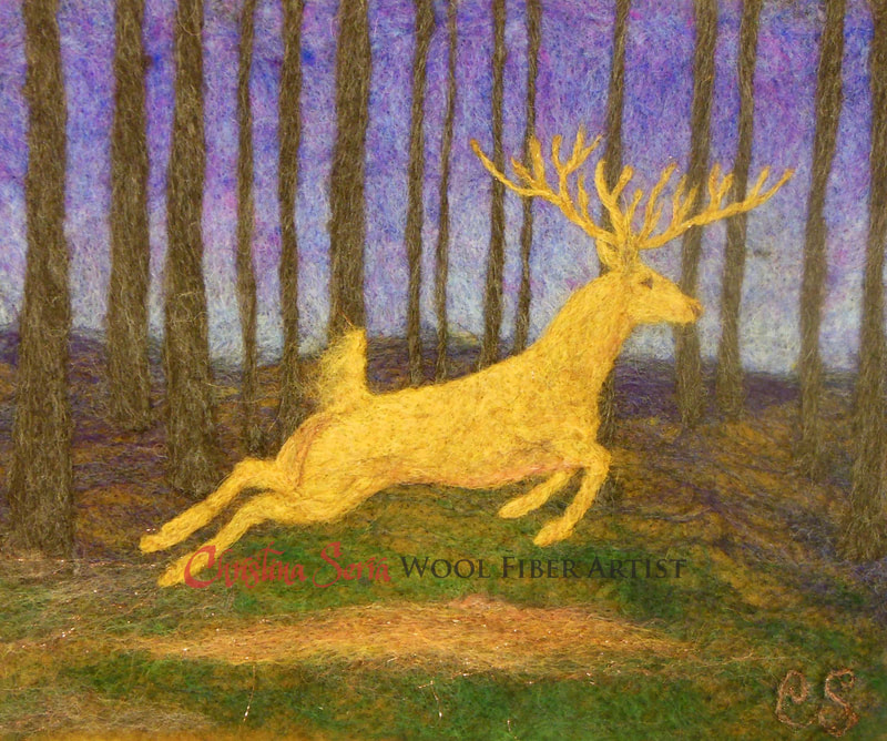 artwork wool painting of a magical forest scene at purple dusk with a glowing golden stag bounding through the trees.